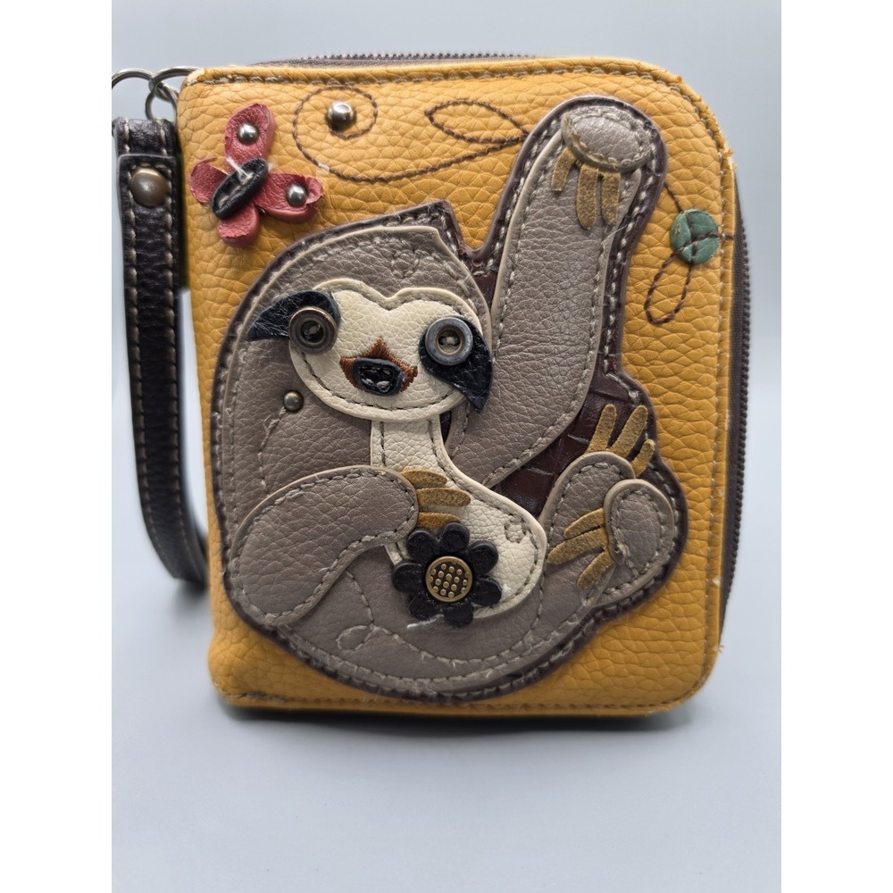 CHALA Sloth Zip Around Wallet Wristlet Mustard Yellow Vegan Faux Leather